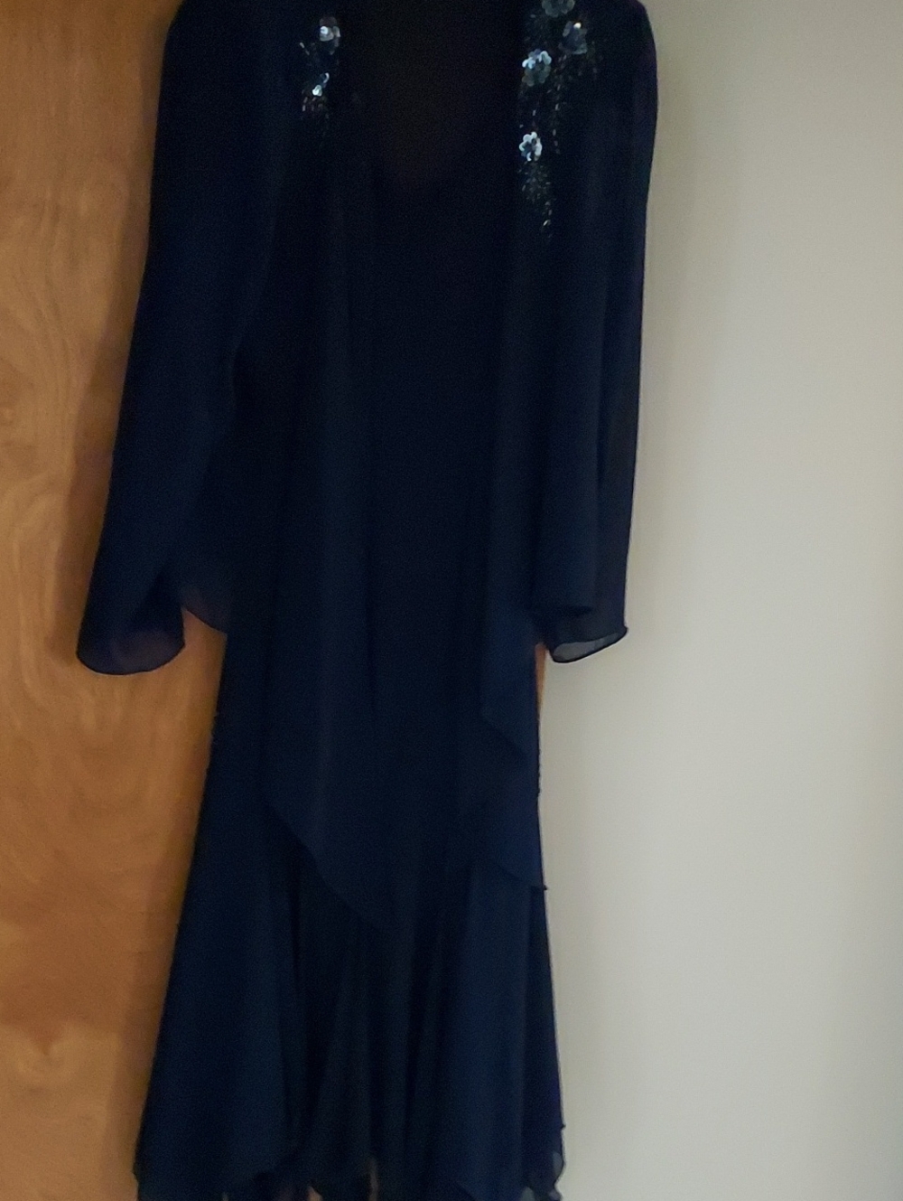 S.L. Fashions 2 Piece Navy Blue Long Sleeve Evening Dress with Sequin Accent